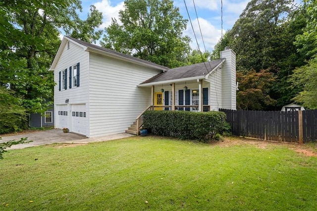 4255 Hidden Meadow Cir, Sugar Hill, GA 30518 - tri-level home featuring driveway, an attached garage, a chimney, stairs, and a porch
