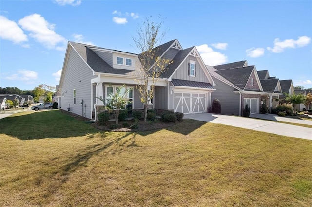 craftsman inspired home with a front yard and a garage