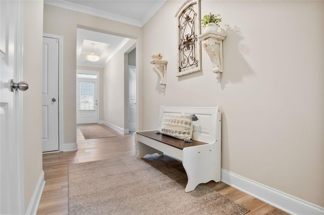 corridor with crown molding and light wood-type flooring