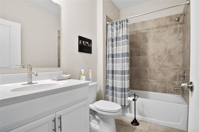 full bathroom with vanity, toilet, shower / bath combo with shower curtain, and tile patterned flooring