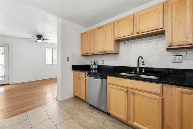 1355 Euclid Ave NE Unit A8, Atlanta, GA 30307 - kitchen with dishwasher, backsplash, ceiling fan, and light brown cabinets