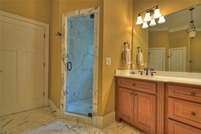 bathroom with ornamental molding, an enclosed shower, and vanity