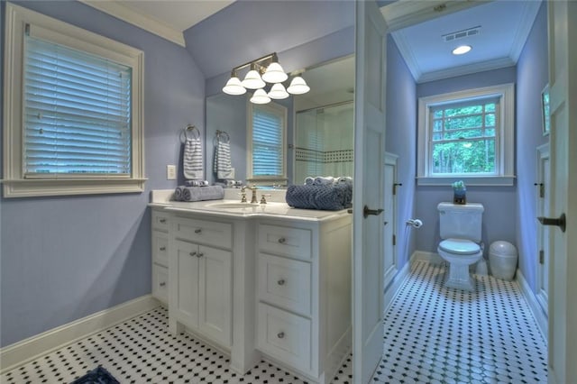 bathroom with crown molding, walk in shower, vanity, and toilet