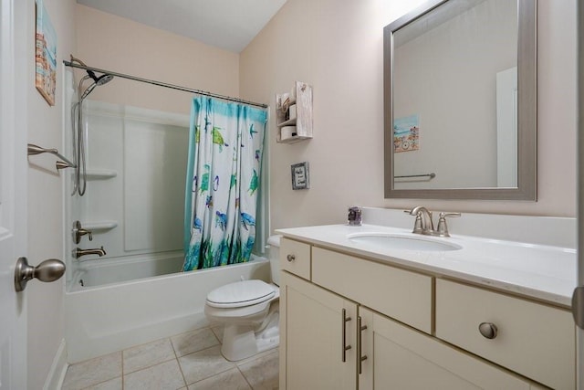 full bathroom with tile patterned flooring, shower / tub combo with curtain, toilet, and vanity