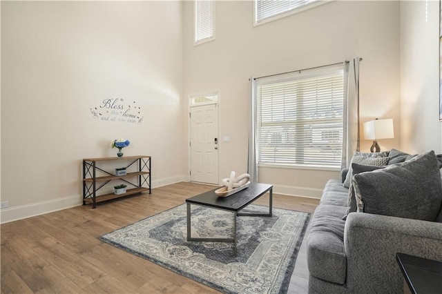 living area featuring wood finished floors, baseboards, and a towering ceiling