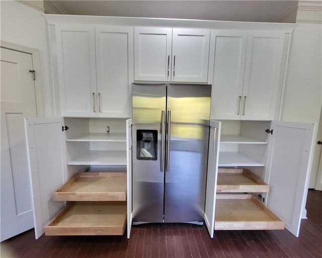 kitchen featuring white cabinetry, dark wood-type flooring, and stainless steel fridge with ice dispenser