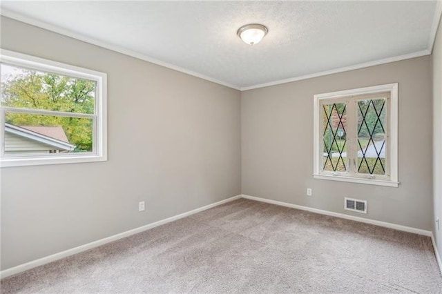 carpeted spare room with crown molding