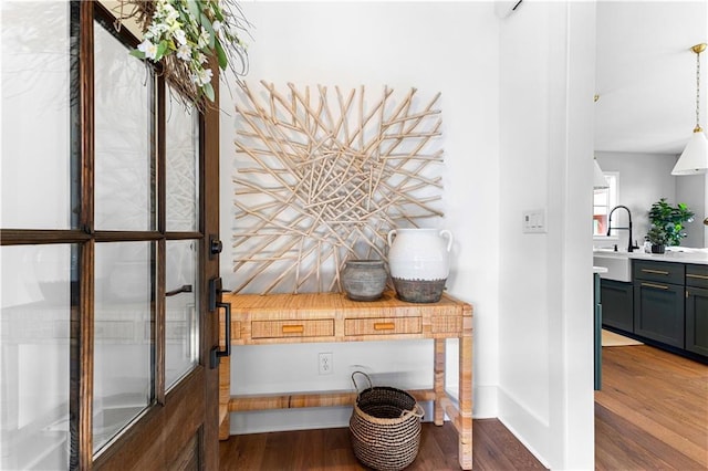 room details with a sink, baseboards, and wood finished floors