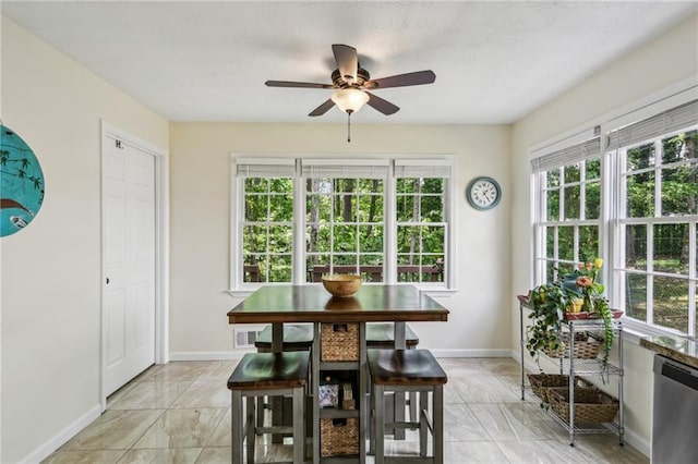 dining space with baseboards, ceiling fan, and visible vents