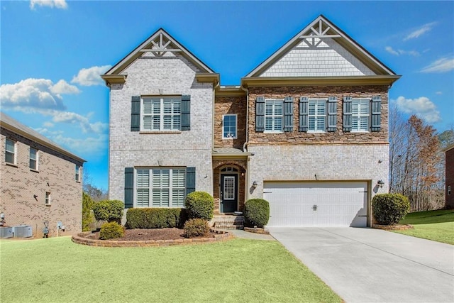 view of front facade featuring central AC unit, a garage, brick siding, concrete driveway, and a front lawn