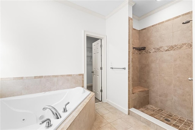 full bath with a jetted tub, a shower stall, ornamental molding, and tile patterned flooring