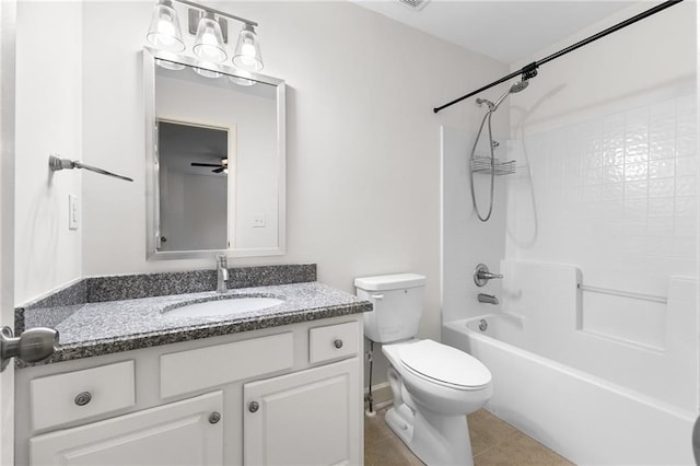 bathroom featuring shower / bathtub combination, vanity, toilet, and tile patterned floors