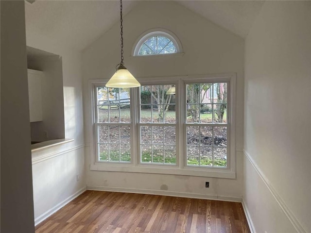 unfurnished dining area with lofted ceiling and hardwood / wood-style flooring