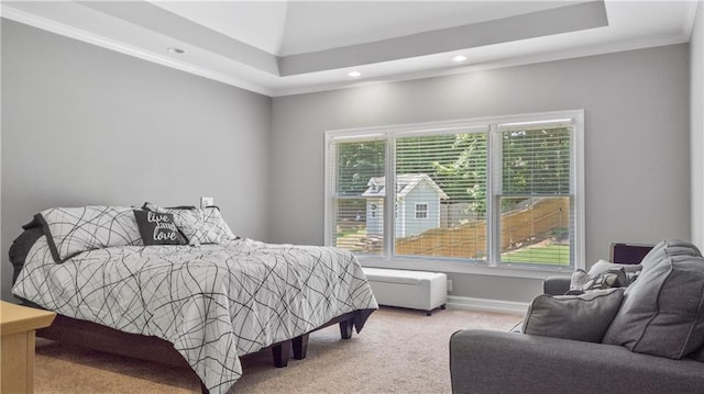 carpeted bedroom featuring baseboards, recessed lighting, multiple windows, and ornamental molding