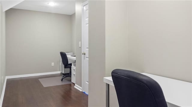 home office with recessed lighting, baseboards, and wood finished floors