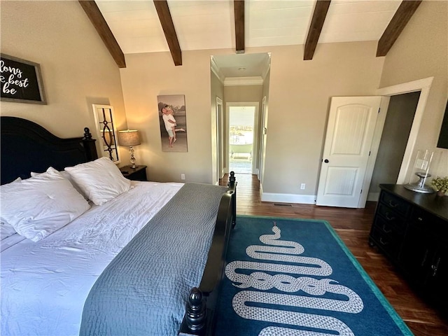 bedroom featuring vaulted ceiling with beams and dark hardwood / wood-style flooring