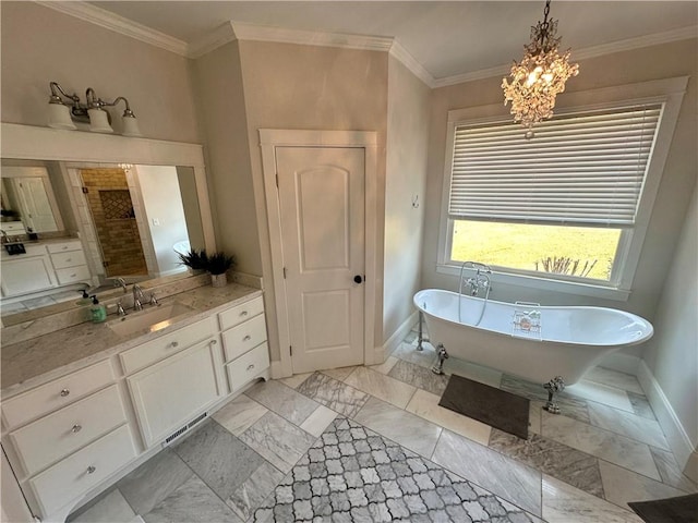 bathroom featuring vanity, a chandelier, shower with separate bathtub, and ornamental molding