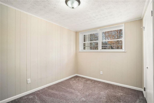 carpeted empty room with a textured ceiling and wooden walls