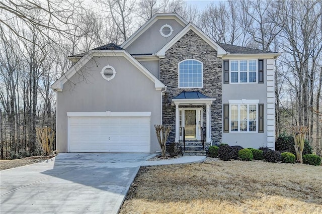 view of front facade with a garage, driveway, stone siding, and stucco siding