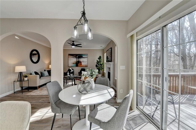 unfurnished living room featuring hardwood / wood-style flooring, ceiling fan, ornamental molding, and a premium fireplace