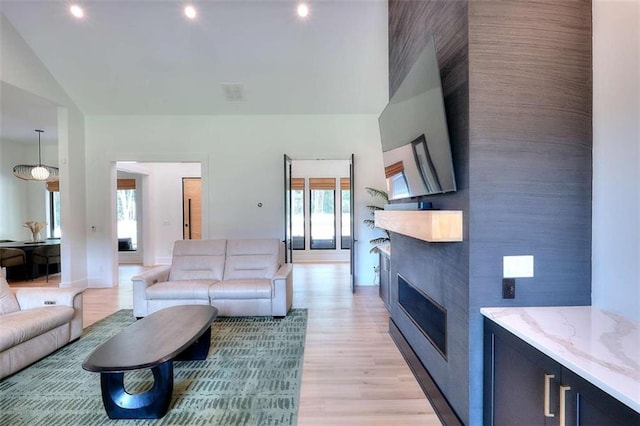 3960 Stock Rd, Monroe, GA 30656 - living room with healthy amount of natural light, a glass covered fireplace, light wood-type flooring, lofted ceiling, and recessed lighting