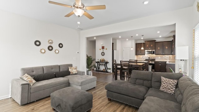 305 Knights Ct, Canton, GA 30115 - living room featuring recessed lighting, ceiling fan, and light wood-style floors