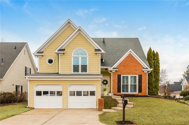 traditional home with an attached garage, brick siding, a shingled roof, concrete driveway, and a front yard