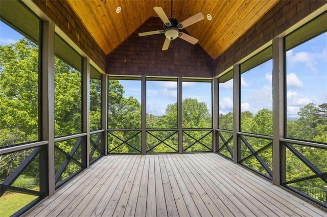 unfurnished sunroom with ceiling fan, wood ceiling, and lofted ceiling