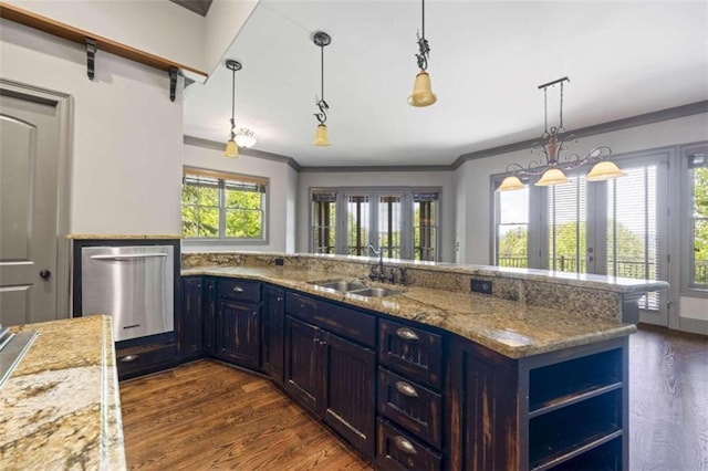 kitchen with dark hardwood / wood-style flooring, a wealth of natural light, sink, and hanging light fixtures