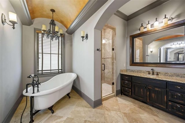 bathroom featuring plus walk in shower, a notable chandelier, lofted ceiling, brick ceiling, and vanity