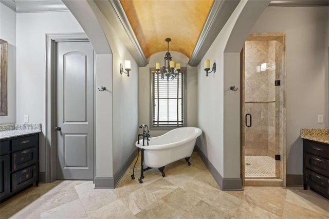 bathroom with vanity, plus walk in shower, vaulted ceiling, brick ceiling, and a chandelier