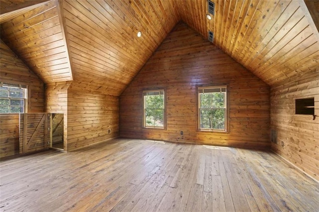 bonus room with wooden walls, wooden ceiling, lofted ceiling, and hardwood / wood-style flooring