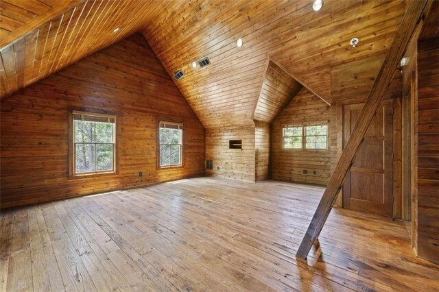 additional living space with wooden walls, light hardwood / wood-style flooring, and wooden ceiling