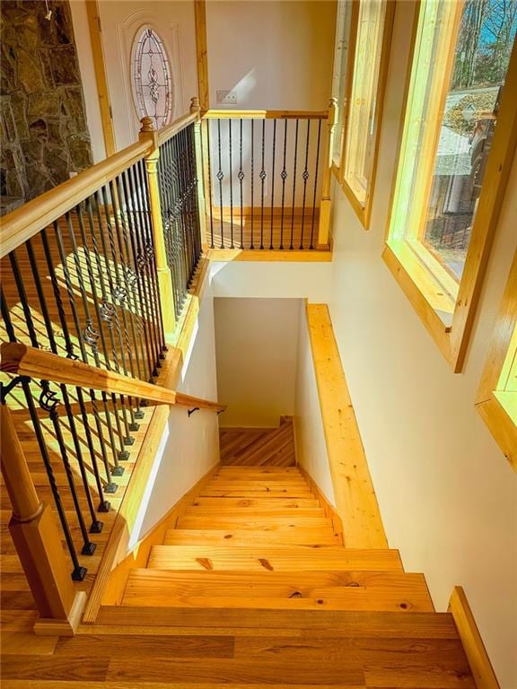 stairs featuring light hardwood / wood-style flooring