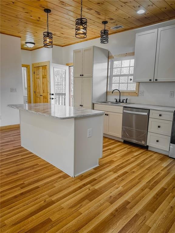 kitchen featuring a kitchen island, stainless steel dishwasher, light hardwood / wood-style floors, wooden ceiling, and decorative light fixtures