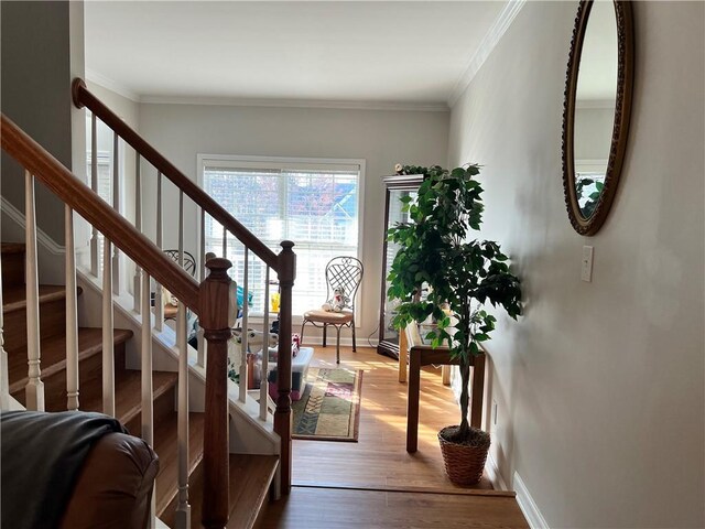 living room with ornamental molding, a chandelier, and hardwood / wood-style flooring