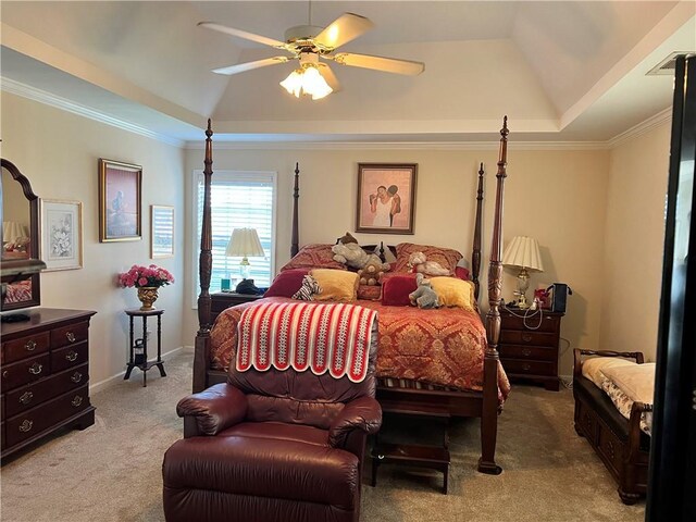 bedroom featuring carpet flooring, ceiling fan, and crown molding