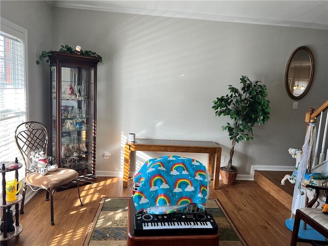 living area with wood-type flooring and ornamental molding