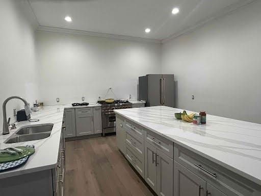 kitchen featuring dark wood-style flooring, crown molding, a sink, light stone countertops, and high quality appliances