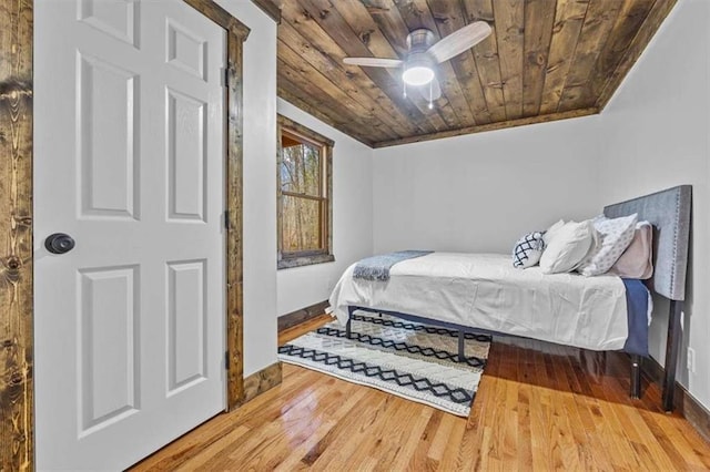 bedroom with ceiling fan, hardwood / wood-style floors, and wooden ceiling