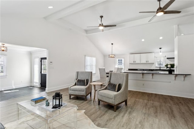 living room with ceiling fan with notable chandelier, hardwood / wood-style floors, and a wealth of natural light