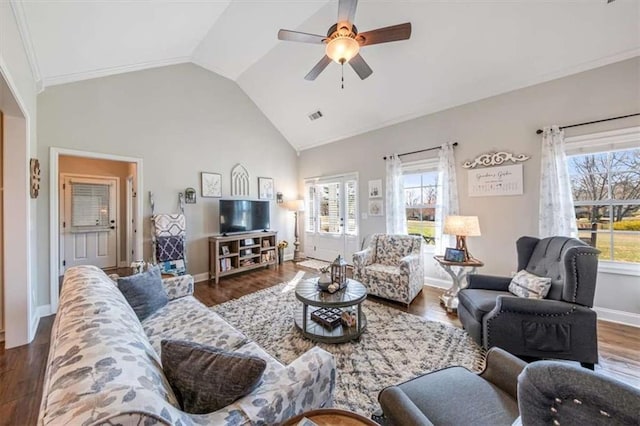 living room with visible vents, baseboards, vaulted ceiling, dark wood-style floors, and a ceiling fan