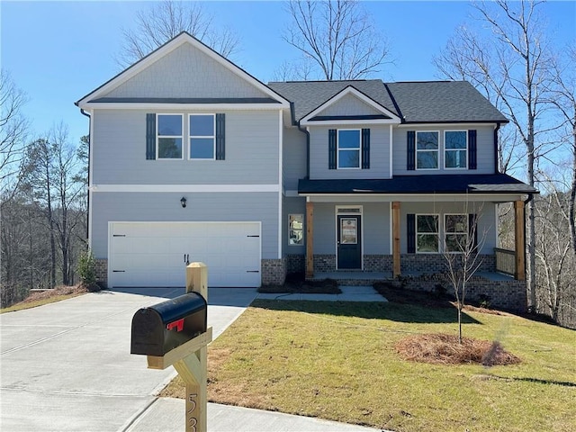 craftsman-style home featuring brick siding, a porch, concrete driveway, a front yard, and a garage