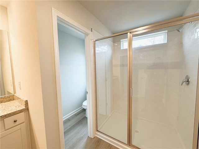 bathroom with a stall shower, toilet, vanity, and wood finished floors