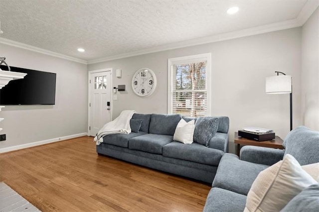 living room with crown molding, wood-type flooring, and a textured ceiling