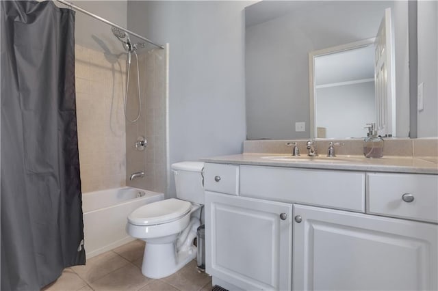 full bath featuring toilet, shower / tub combo with curtain, vanity, and tile patterned flooring