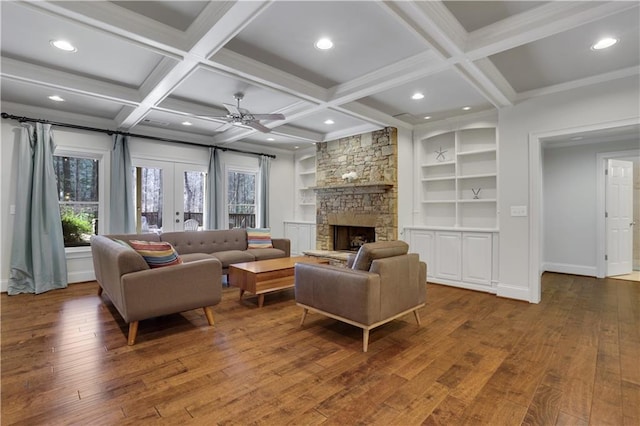 living area featuring dark wood finished floors, plenty of natural light, and a fireplace