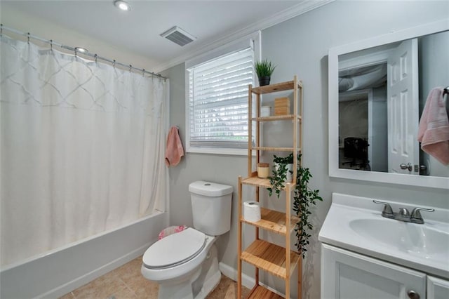 full bathroom with vanity, ornamental molding, toilet, shower / bathtub combination with curtain, and tile patterned floors