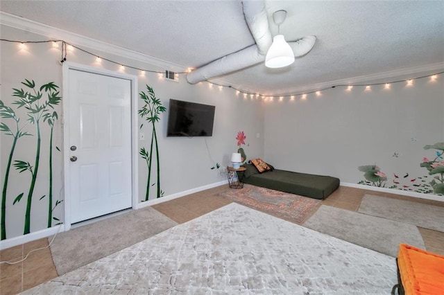 tiled living room featuring crown molding and a textured ceiling