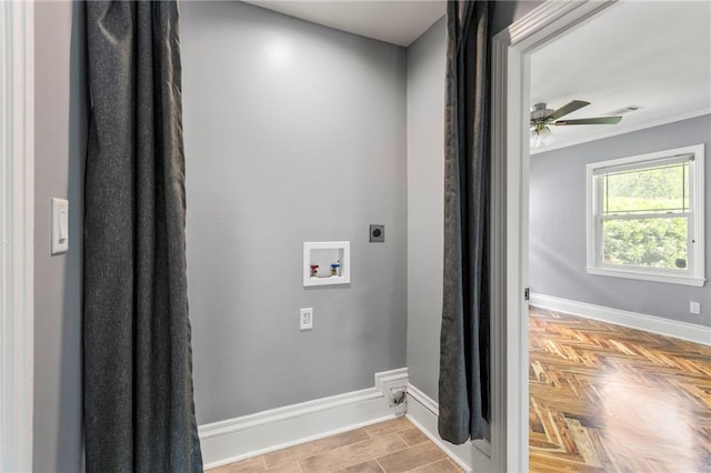 laundry room featuring laundry area, hookup for a washing machine, a ceiling fan, baseboards, and hookup for an electric dryer